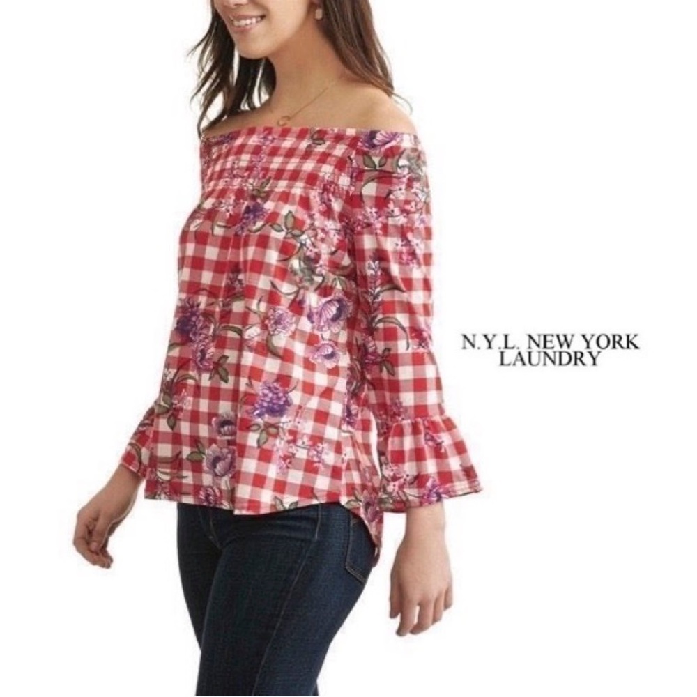 New York Laundry Off-The-Shoulder Checked Top